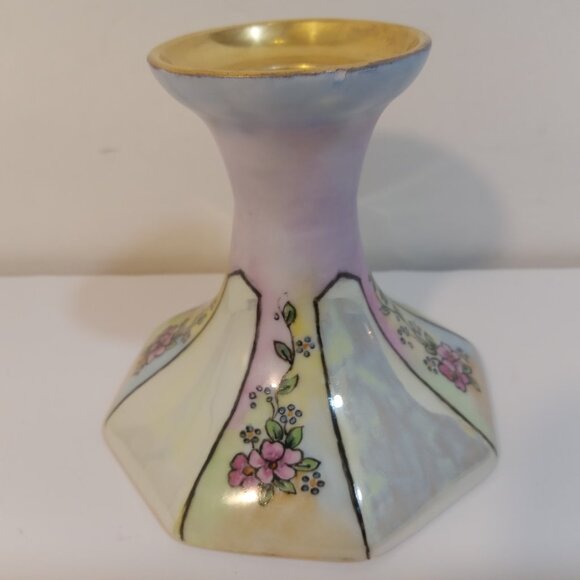 Candlestick Holder Porcelain Pink Purple Lavender Gold Floral Made In Germany - Picture 2 of 7